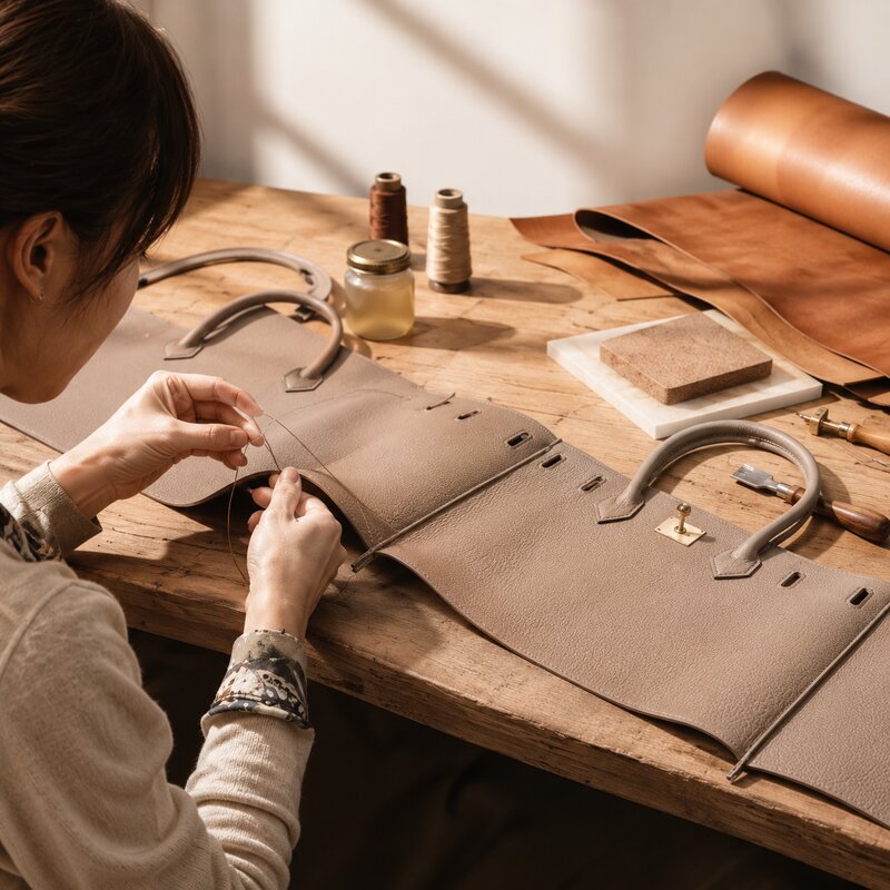 Mujer cosiendo cuero a mano — curso de marroquinería artesanal Tanten Moda