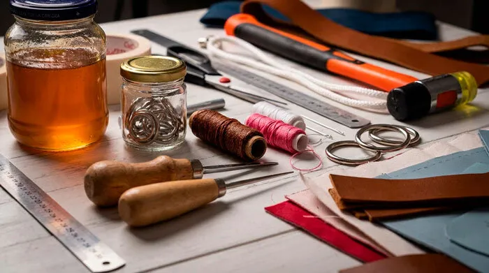 Materiales y herramientas para hacer bolsos de cuero artesanales — marroquinería
