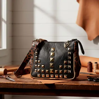 Morral de cuero con remaches hecho a mano