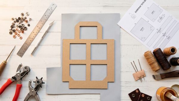 Mesa de taller con cuero, molde y herramientas — tutorial 5 pasos para hacer carteras artesanales