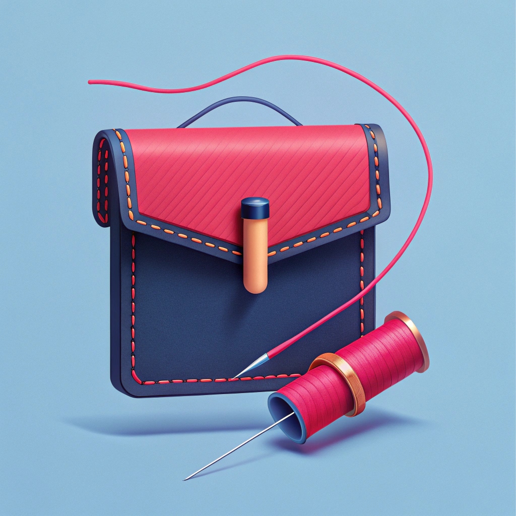 Mano cosiendo cuero con aguja e hilo para hacer una cartera de cuero artesanal