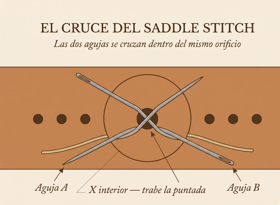 Diagrama de la X interior del saddle stitch — las dos agujas cruzan dentro del agujero trabando la puntada