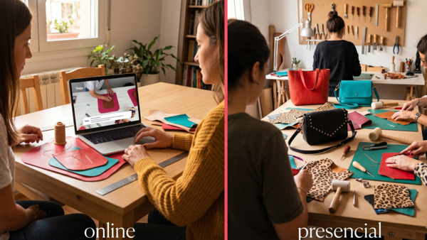 Aprender marroquinería online en casa con un video frente a una notebook, versus un taller presencial con varias personas trabajando cuero